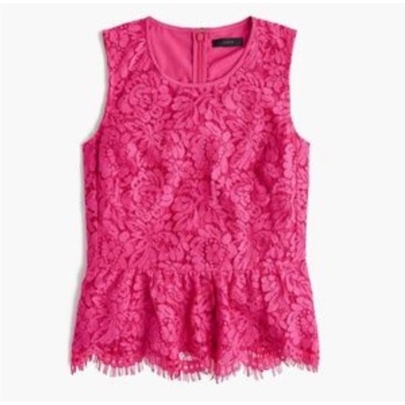 J.Crew Petite Peplum Lace Sleeveless Blouse 2P Bright Pink Eyelash Trim - Picture 2 of 16
